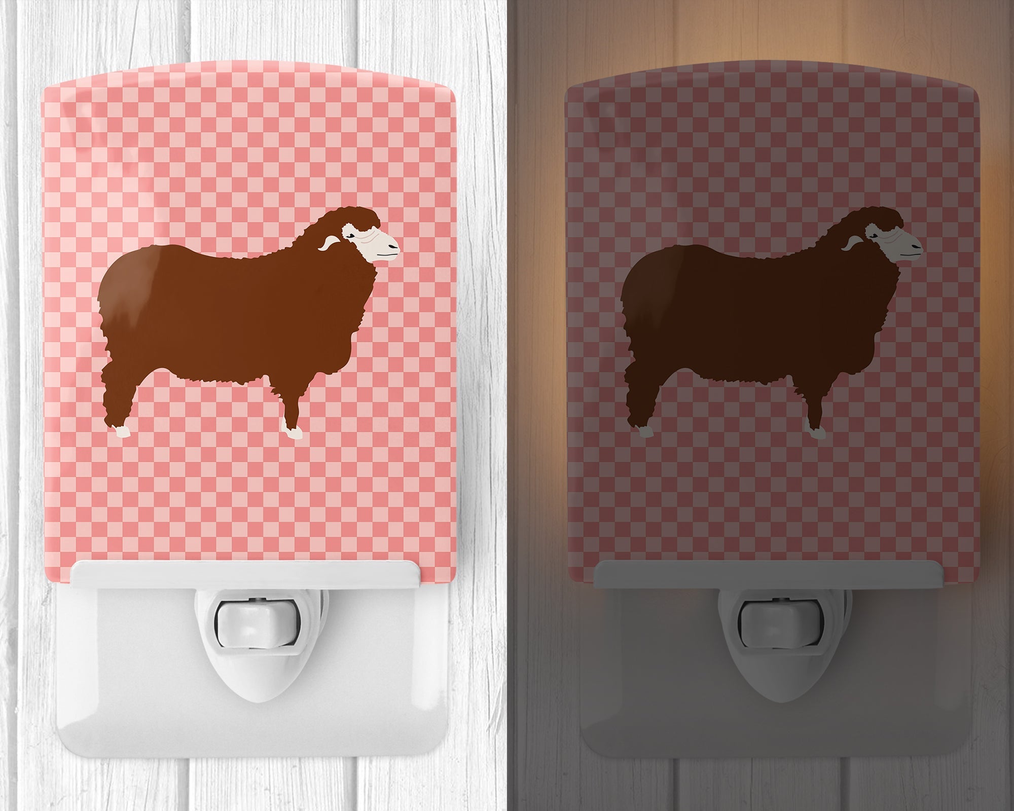 Merino Sheep Pink Check Ceramic Night Light Compact, UL-Certified, Ideal for Bedroom, Bathroom, Nursery, Hallway, Kitchen, 6x4x3, Multicolor