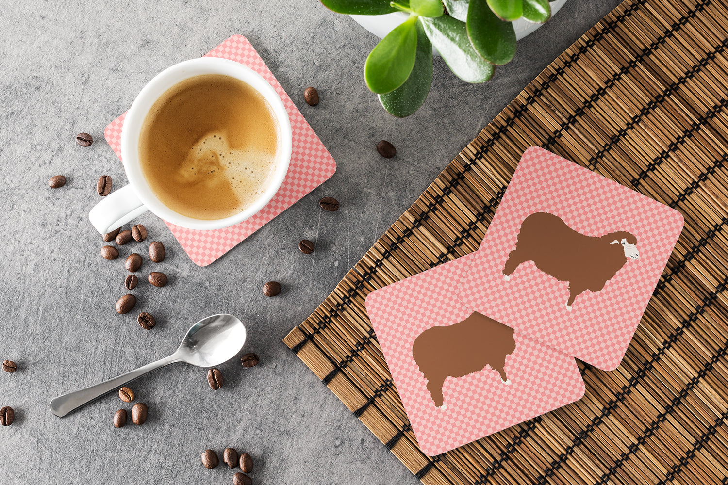 Merino Sheep Pink Check Foam Coasters Set of 4 Cup Coasters for Indoor Outdoor, Tabletop Protection, Anti Slip, Mouse pad Material