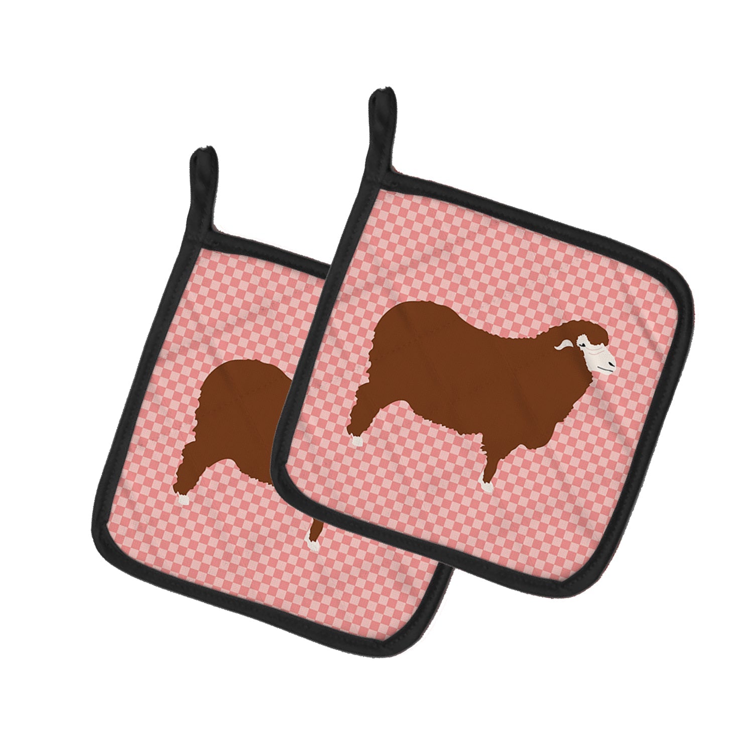 Merino Sheep Pink Check Pot Holder Set of 2 Heat Resistant Quilted Hot Pads 7.5 x 7.5 Inch, Insulated Kitchen Trivets for Cooking & Baking