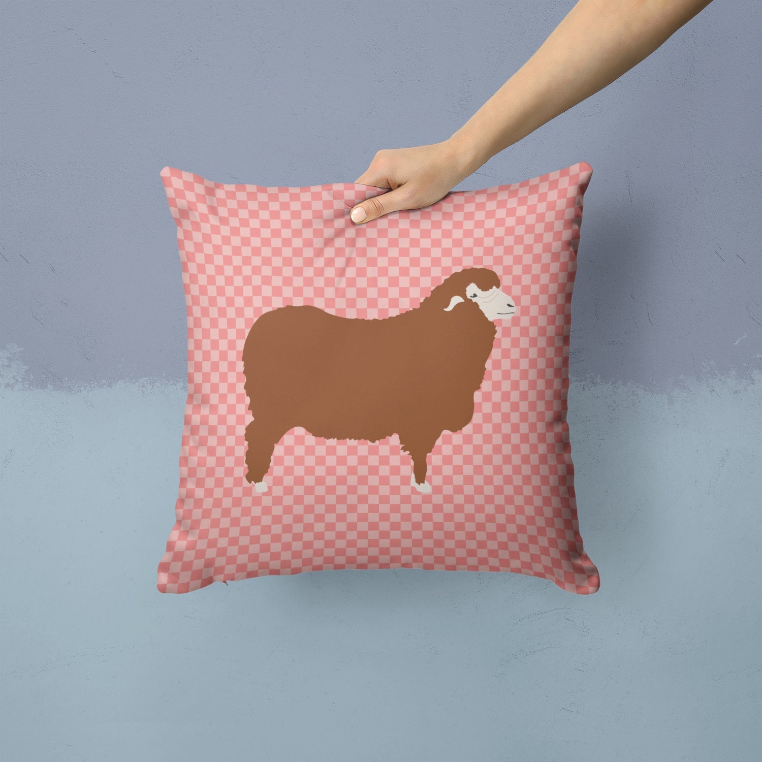 Merino Sheep Pink Check Decorative Throw Pillow 14x14 Indoor Outdoor Accent Cushion, Fabric Cover with Insert for Sofa, Bed, Porch & Living Room