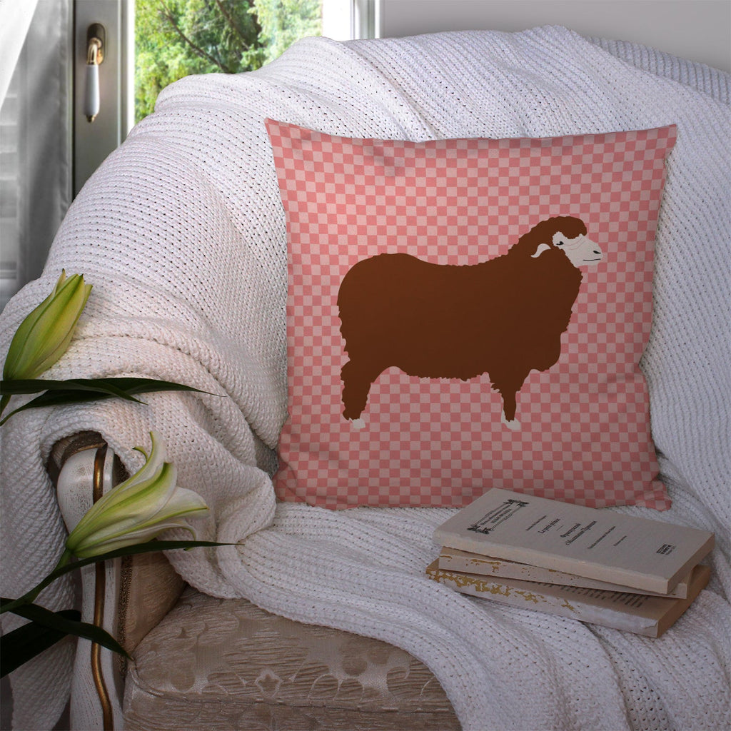Merino Sheep Pink Check Decorative Throw Pillow 14x14 Indoor Outdoor Accent Cushion, Fabric Cover with Insert for Sofa, Bed, Porch & Living Room
