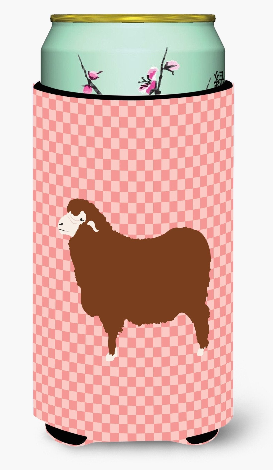 Merino Sheep Pink Check Tall Boy Hugger Can Cooler Sleeve Machine Washable Drink Collapsible Insulator Beverage Insulated Holder