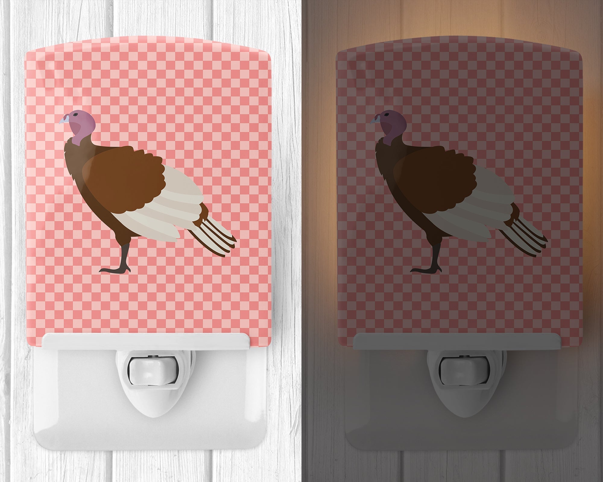 Bourbon Red Turkey Hen Pink Check Ceramic Night Light Compact, UL-Certified, Ideal for Bedroom, Bathroom, Nursery, Hallway, Kitchen, 6x4x3, Multicolor