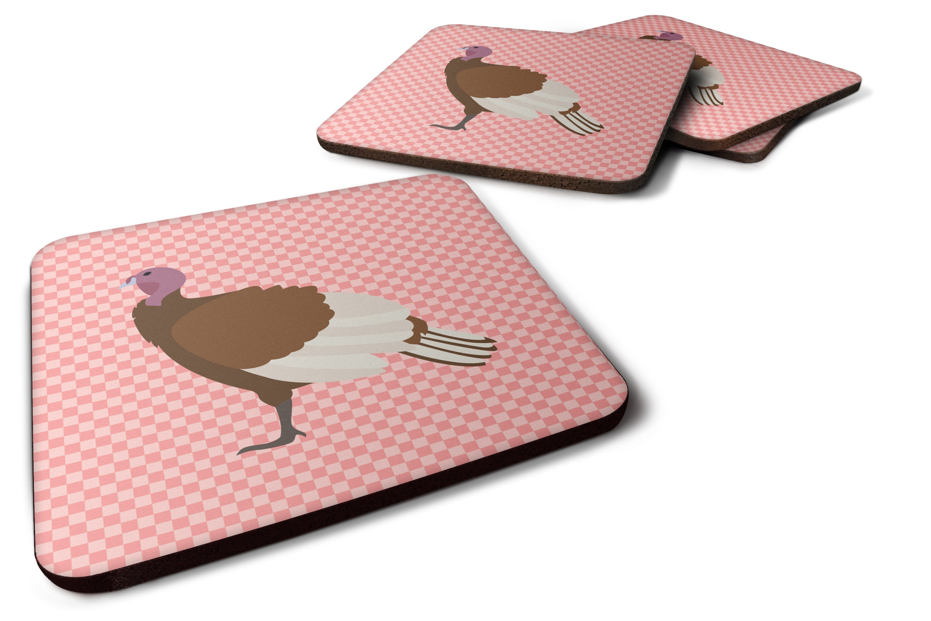 Bourbon Red Turkey Hen Pink Check Foam Coasters Set of 4 Cup Coasters for Indoor Outdoor, Tabletop Protection, Anti Slip, Mouse pad Material