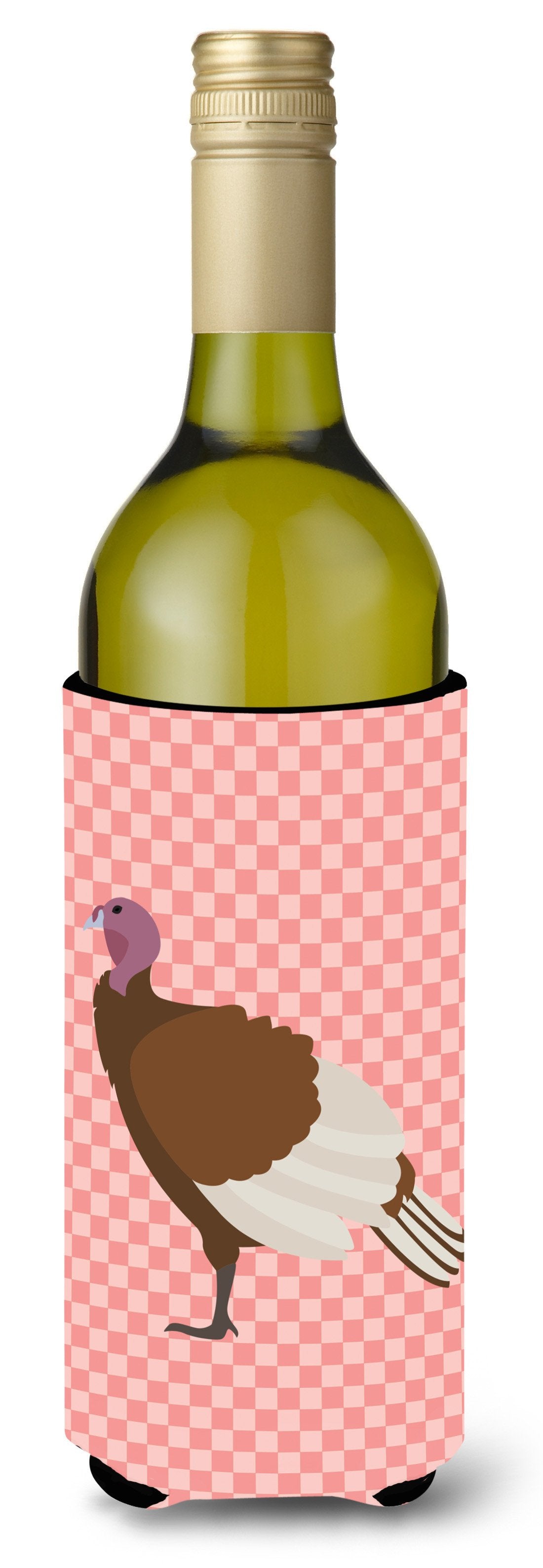 Bourbon Red Turkey Hen Pink Check Wine Bottle Hugger Gift Sleeve for Standard 750 ml Bottles, Insulated Reusable Also Fits Mini Shot & Pint Bottles