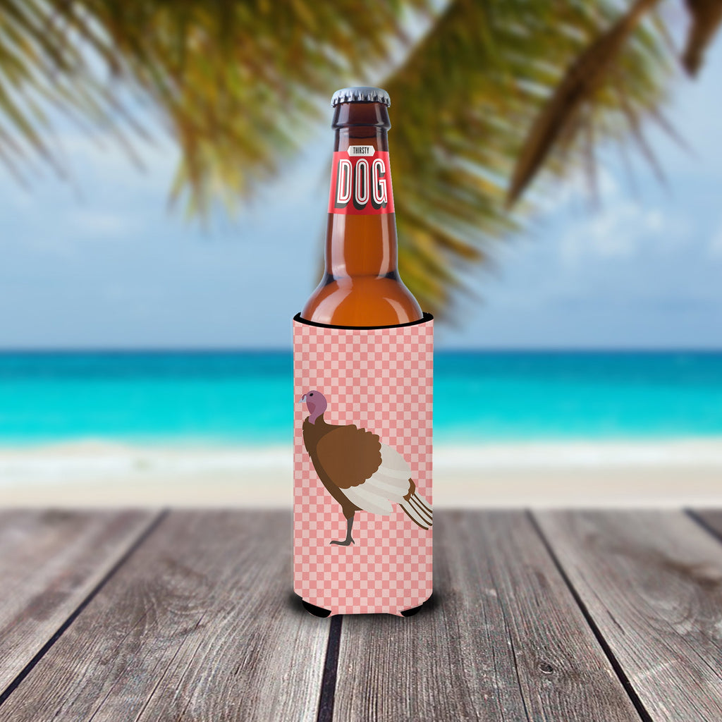 Bourbon Red Turkey Hen Pink Check Slim Can Hugger , Insulated Foam Hugger for 12 oz Slim Cans, Beer Bottles & Water Bottles, Printed in USA