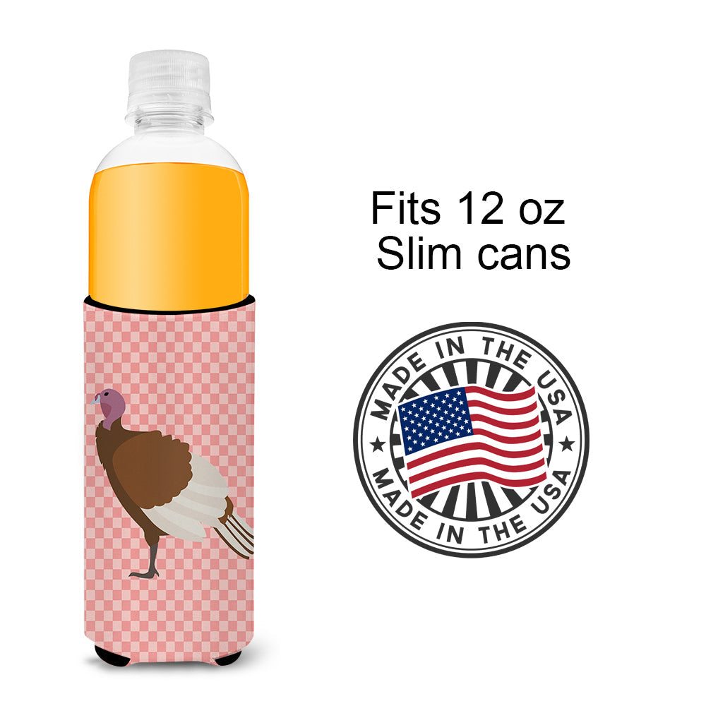 Bourbon Red Turkey Hen Pink Check Slim Can Hugger , Insulated Foam Hugger for 12 oz Slim Cans, Beer Bottles & Water Bottles, Printed in USA