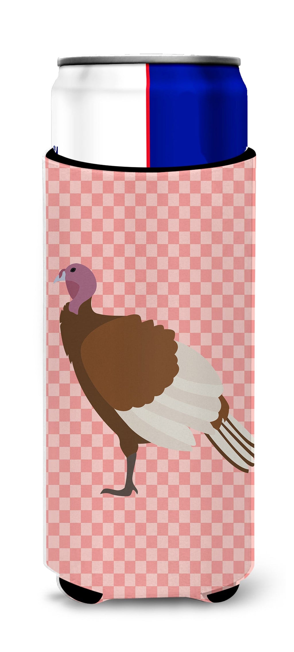 Bourbon Red Turkey Hen Pink Check Slim Can Hugger , Insulated Foam Hugger for 12 oz Slim Cans, Beer Bottles & Water Bottles, Printed in USA