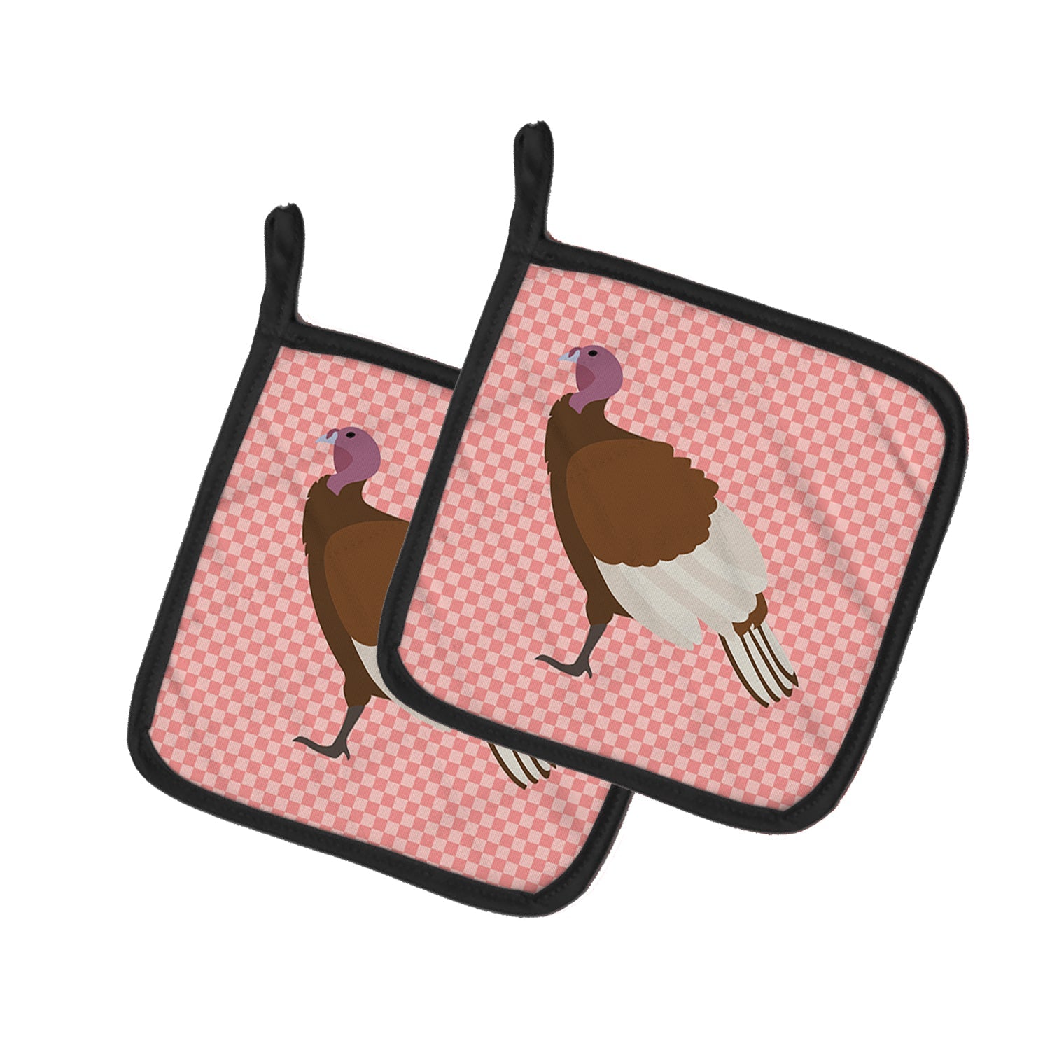 Bourbon Red Turkey Hen Pink Check Pot Holder Set of 2 Heat Resistant Quilted Hot Pads 7.5 x 7.5 Inch, Insulated Kitchen Trivets for Cooking & Baking