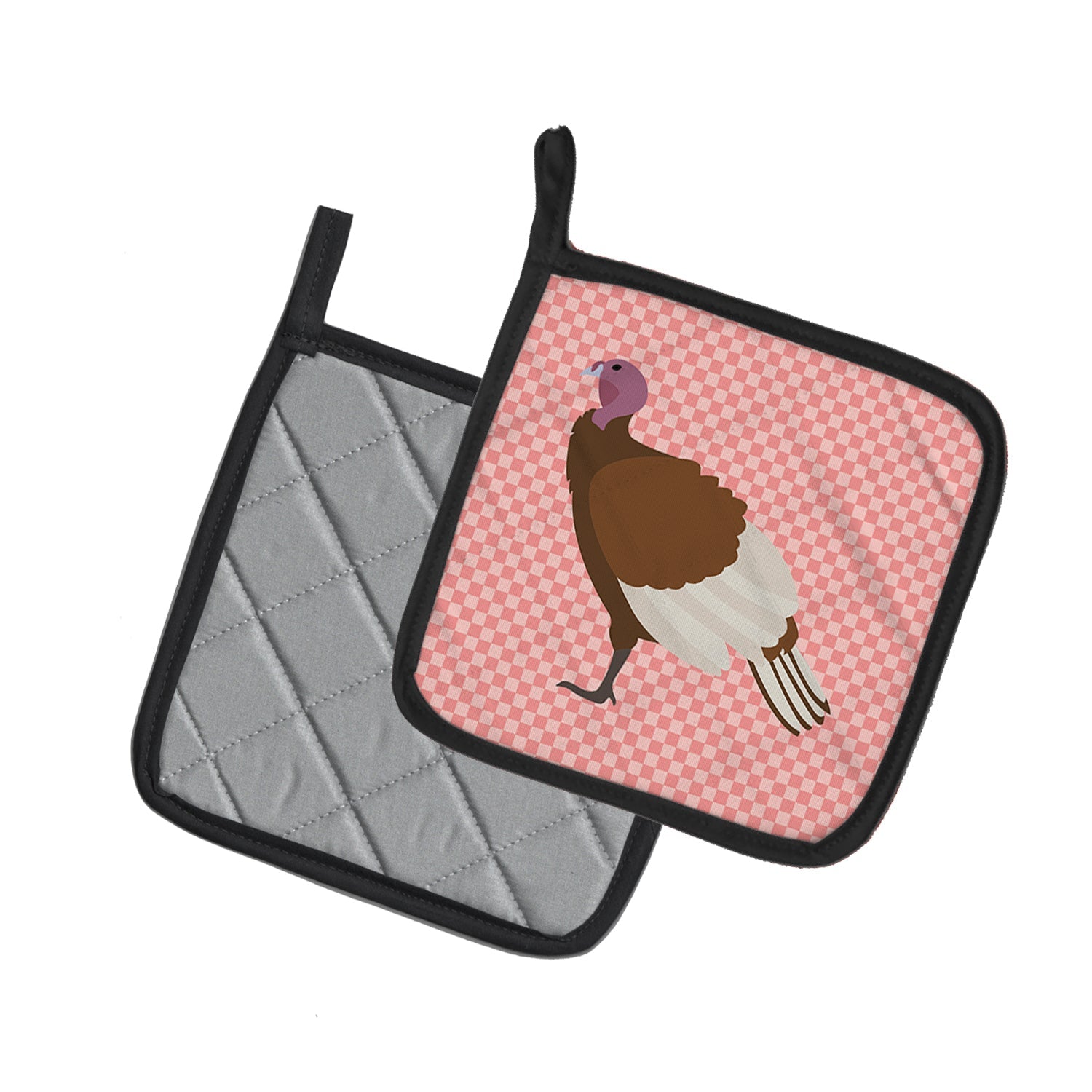 Bourbon Red Turkey Hen Pink Check Pot Holder Set of 2 Heat Resistant Quilted Hot Pads 7.5 x 7.5 Inch, Insulated Kitchen Trivets for Cooking & Baking