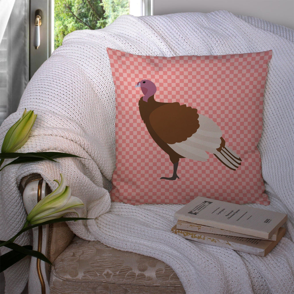 Bourbon Red Turkey Hen Pink Check Decorative Throw Pillow 14x14 Indoor Outdoor Accent Cushion, Fabric Cover with Insert for Sofa, Bed, Porch & Living Room