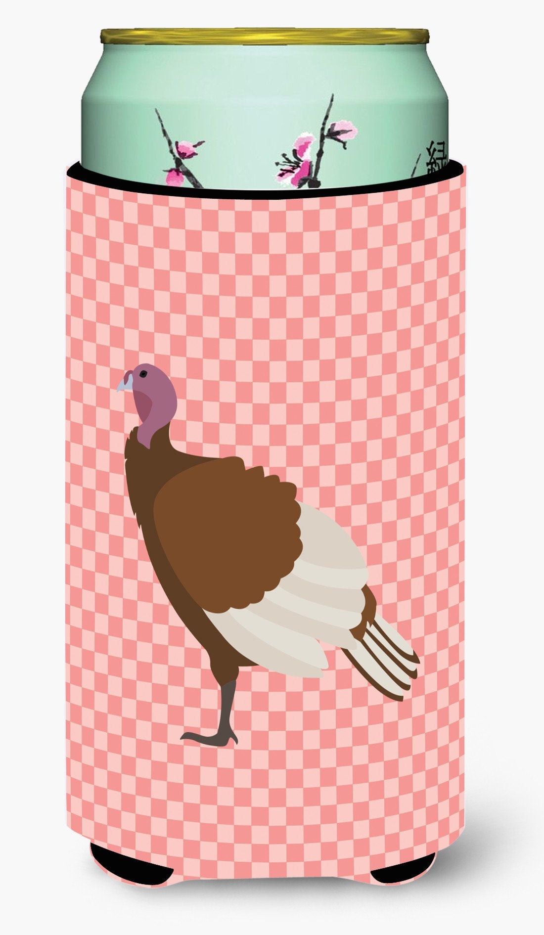 Bourbon Red Turkey Hen Pink Check Tall Boy Hugger Can Cooler Sleeve Machine Washable Drink Collapsible Insulator Beverage Insulated Holder