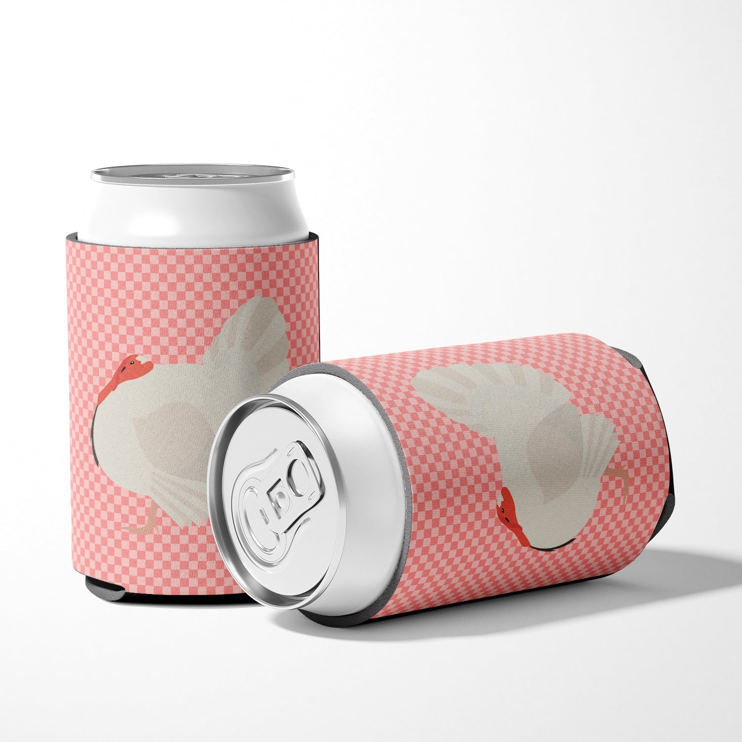 White Holland Turkey Pink Check Can or Bottle Hugger Cooler Sleeve for Standard 12 oz Cans, Insulated Foam Beer & Soda Can Hugger Reusable