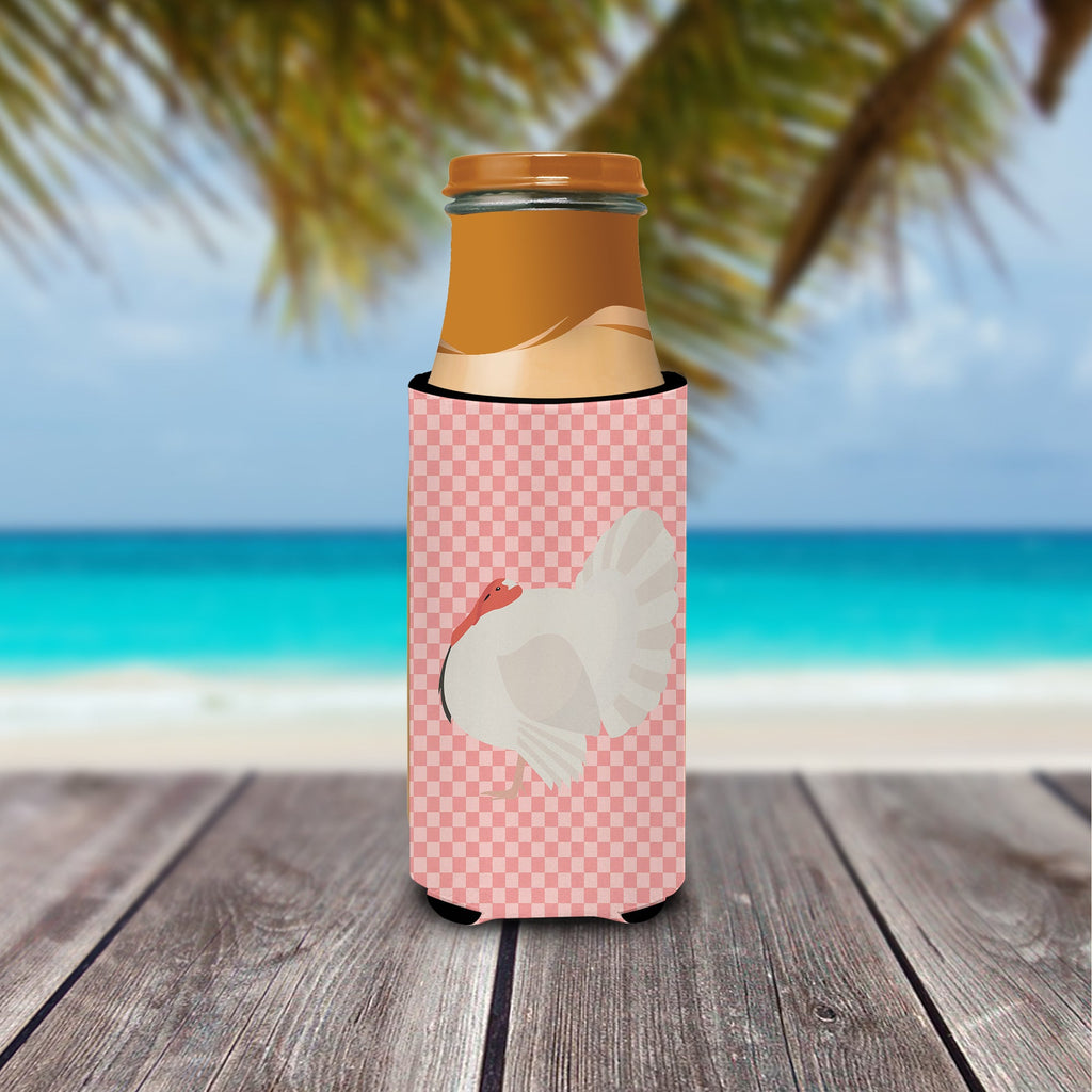 White Holland Turkey Pink Check Slim Can Hugger , Insulated Foam Hugger for 12 oz Slim Cans, Beer Bottles & Water Bottles, Printed in USA