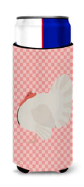 White Holland Turkey Pink Check Slim Can Hugger , Insulated Foam Hugger for 12 oz Slim Cans, Beer Bottles & Water Bottles, Printed in USA