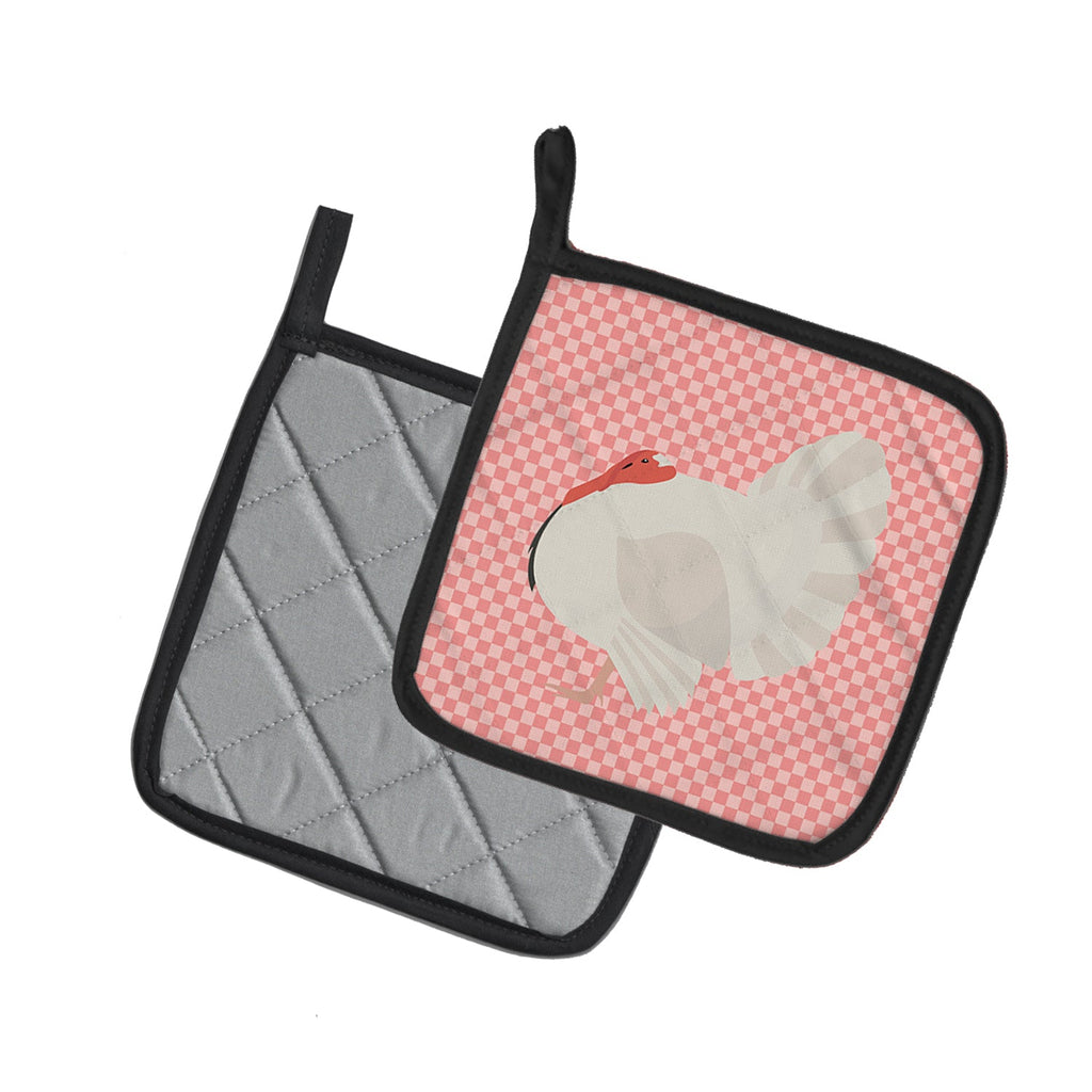 White Holland Turkey Pink Check Pot Holder Set of 2 Heat Resistant Quilted Hot Pads 7.5 x 7.5 Inch, Insulated Kitchen Trivets for Cooking & Baking