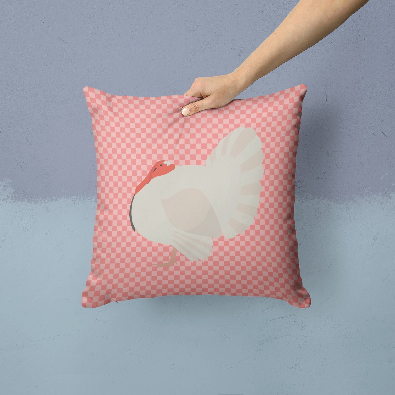White Holland Turkey Pink Check Decorative Throw Pillow 14x14 Indoor Outdoor Accent Cushion, Fabric Cover with Insert for Sofa, Bed, Porch & Living Room