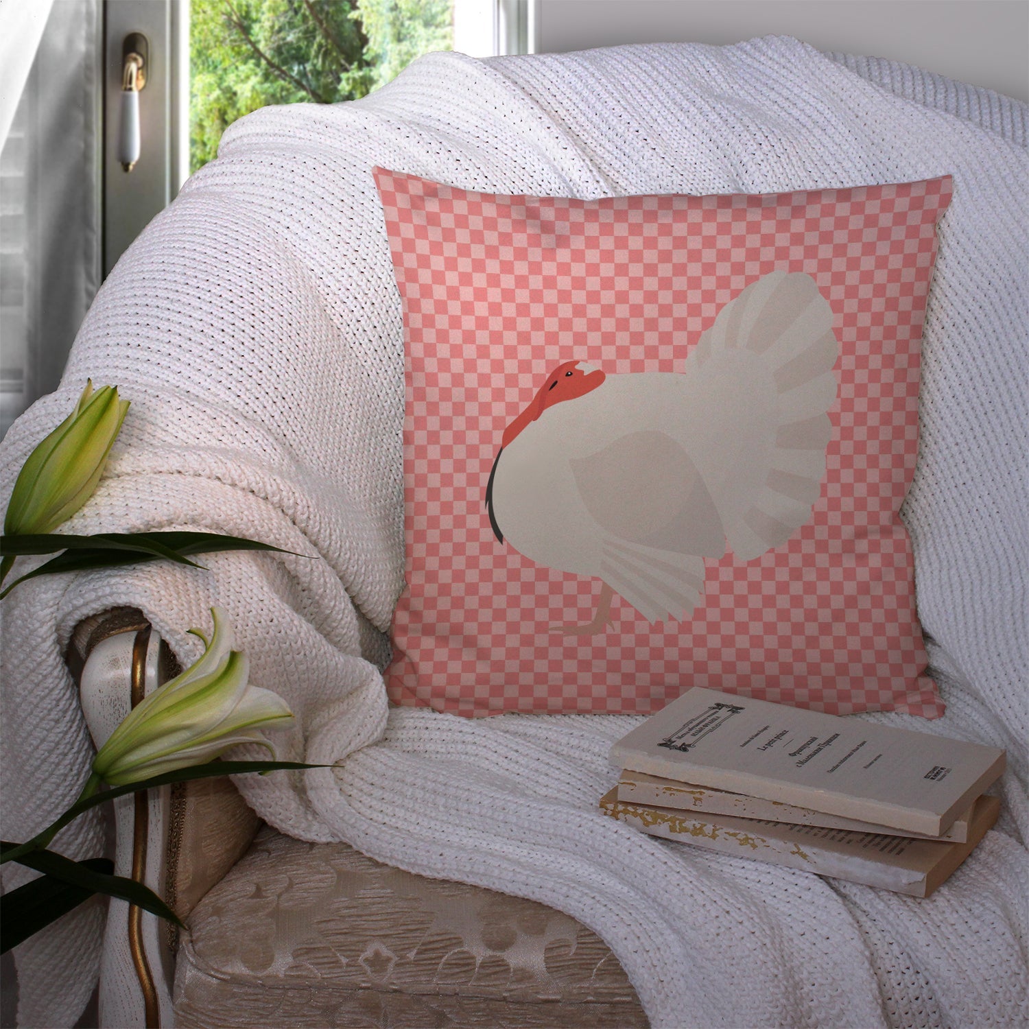 White Holland Turkey Pink Check Decorative Throw Pillow 14x14 Indoor Outdoor Accent Cushion, Fabric Cover with Insert for Sofa, Bed, Porch & Living Room
