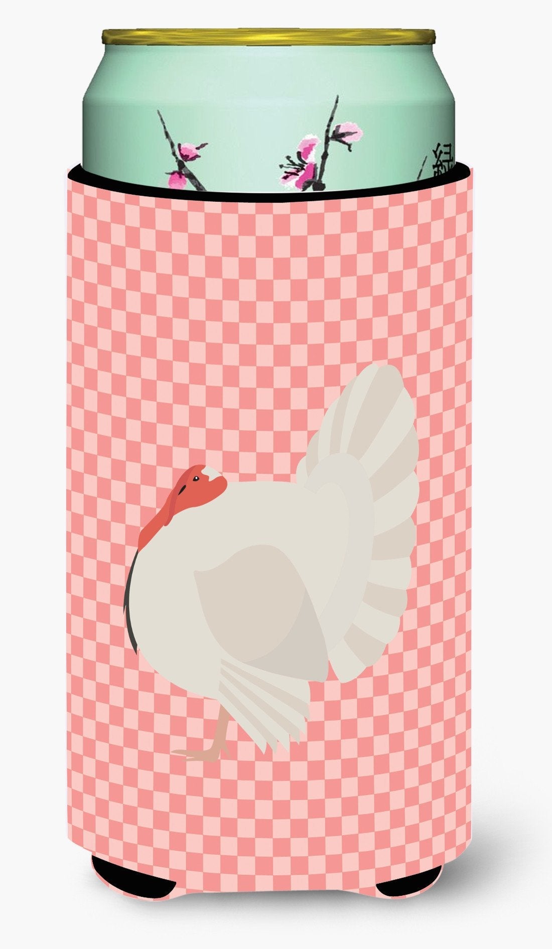 White Holland Turkey Pink Check Tall Boy Hugger Can Cooler Sleeve Machine Washable Drink Collapsible Insulator Beverage Insulated Holder