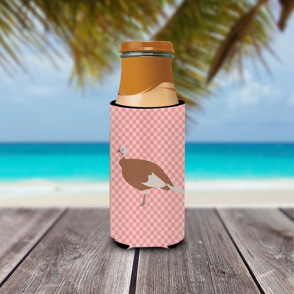 Jersey Buff Turkey Hen Pink Check Slim Can Hugger , Insulated Foam Hugger for 12 oz Slim Cans, Beer Bottles & Water Bottles, Printed in USA