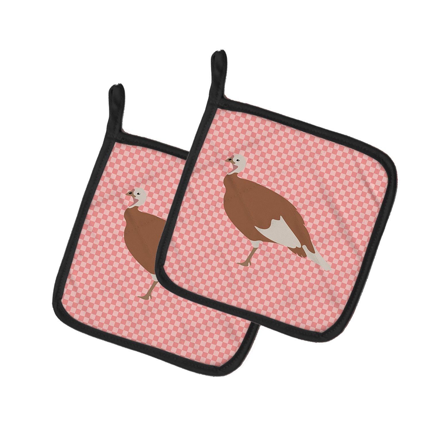 Jersey Buff Turkey Hen Pink Check Pot Holder Set of 2 Heat Resistant Quilted Hot Pads 7.5 x 7.5 Inch, Insulated Kitchen Trivets for Cooking & Baking