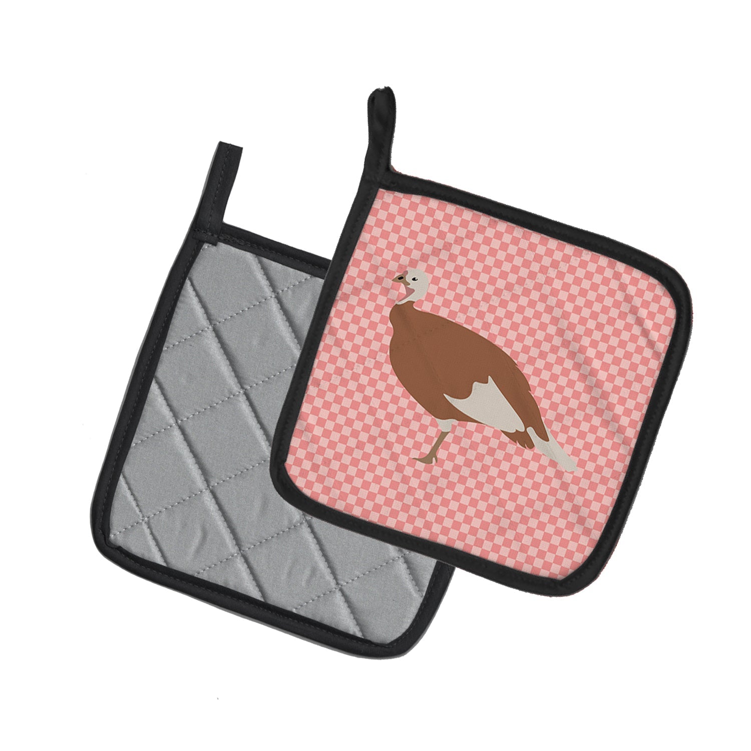 Jersey Buff Turkey Hen Pink Check Pot Holder Set of 2 Heat Resistant Quilted Hot Pads 7.5 x 7.5 Inch, Insulated Kitchen Trivets for Cooking & Baking
