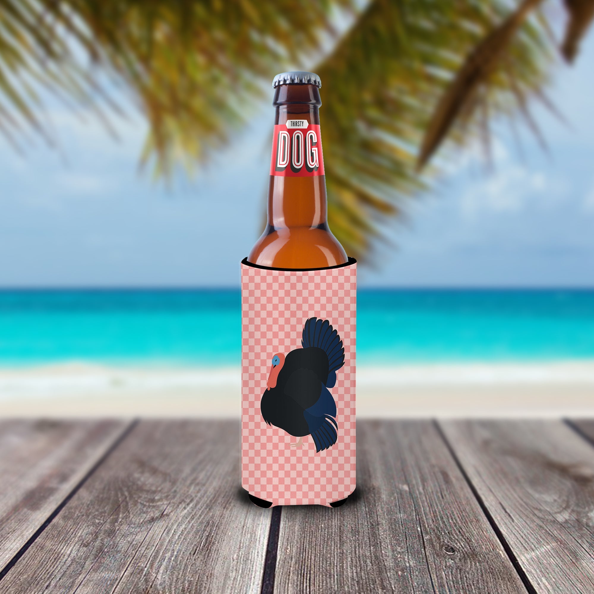 Norfolk Black Turkey Pink Check Slim Can Hugger , Insulated Foam Hugger for 12 oz Slim Cans, Beer Bottles & Water Bottles, Printed in USA