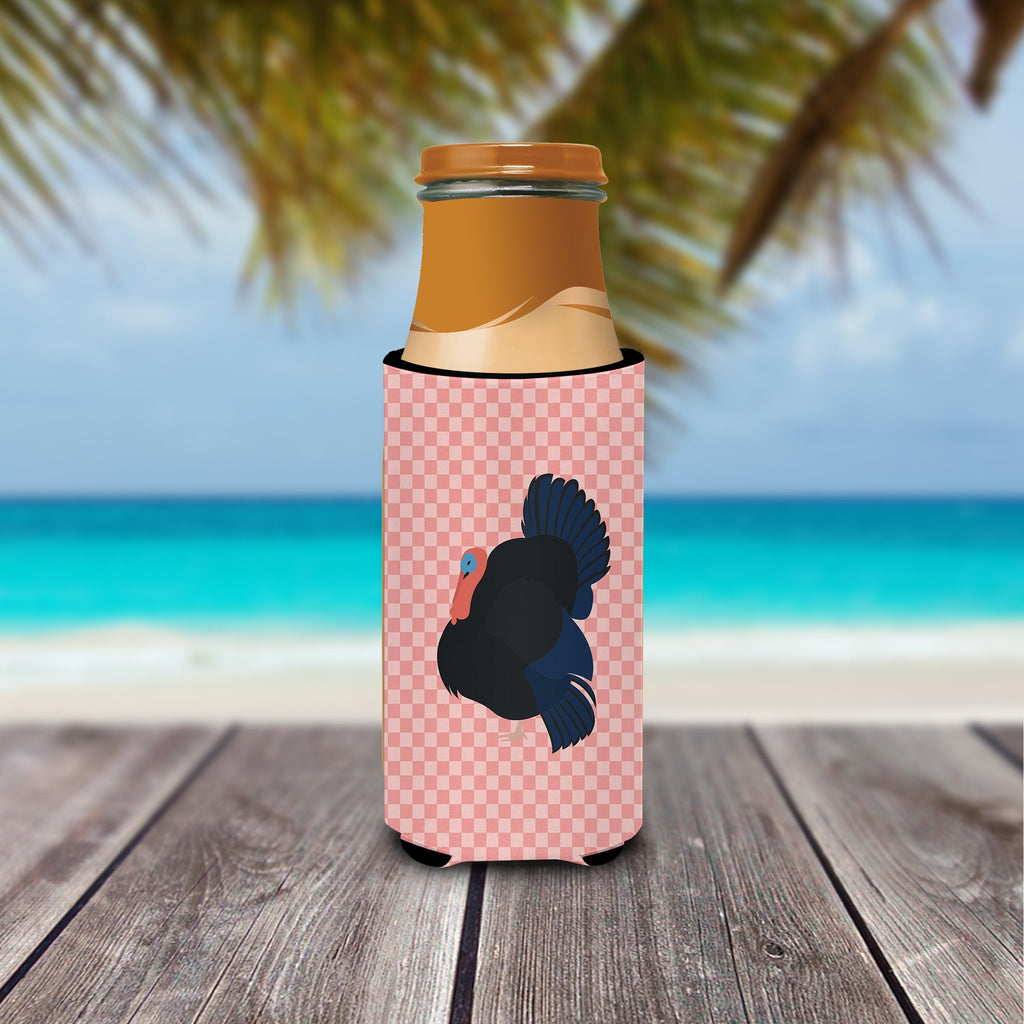 Norfolk Black Turkey Pink Check Slim Can Hugger , Insulated Foam Hugger for 12 oz Slim Cans, Beer Bottles & Water Bottles, Printed in USA