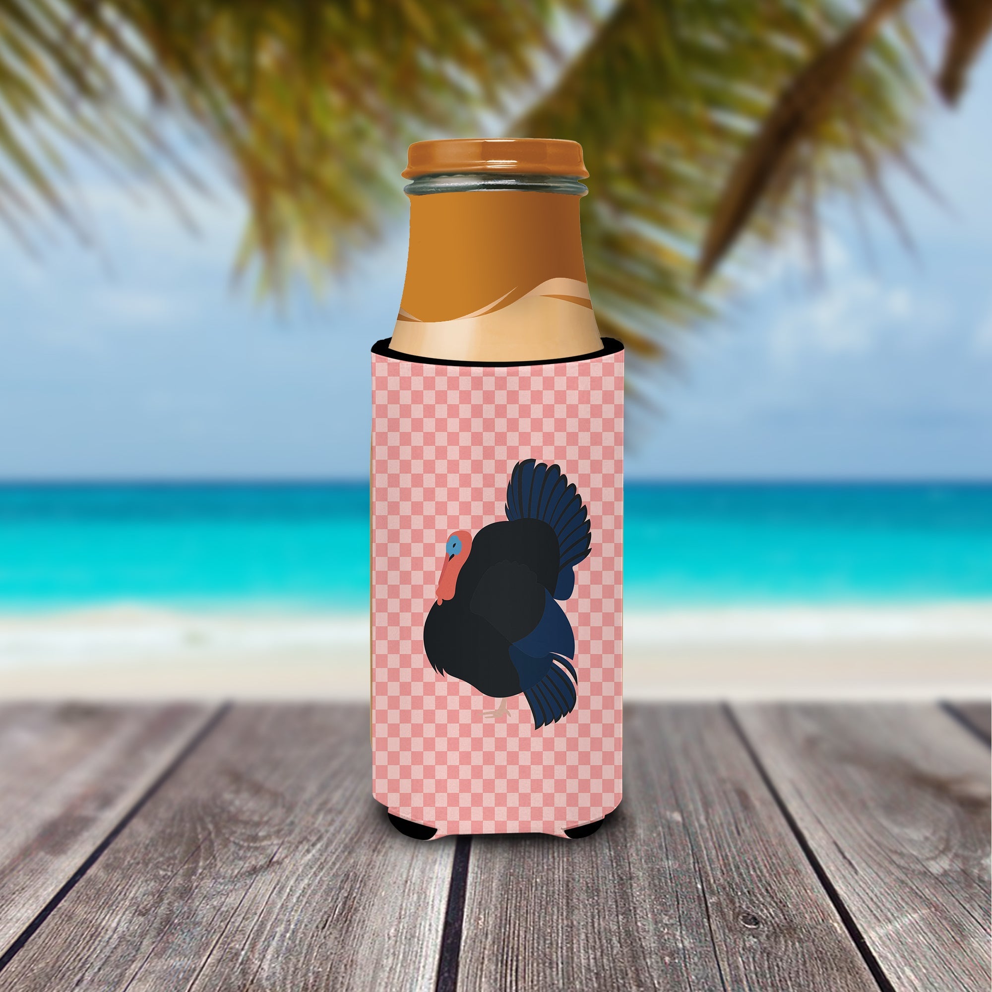 Norfolk Black Turkey Pink Check Slim Can Hugger , Insulated Foam Hugger for 12 oz Slim Cans, Beer Bottles & Water Bottles, Printed in USA
