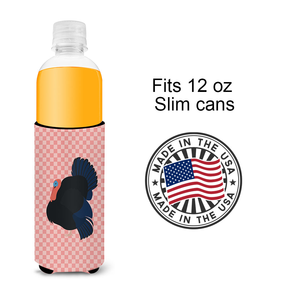 Norfolk Black Turkey Pink Check Slim Can Hugger , Insulated Foam Hugger for 12 oz Slim Cans, Beer Bottles & Water Bottles, Printed in USA