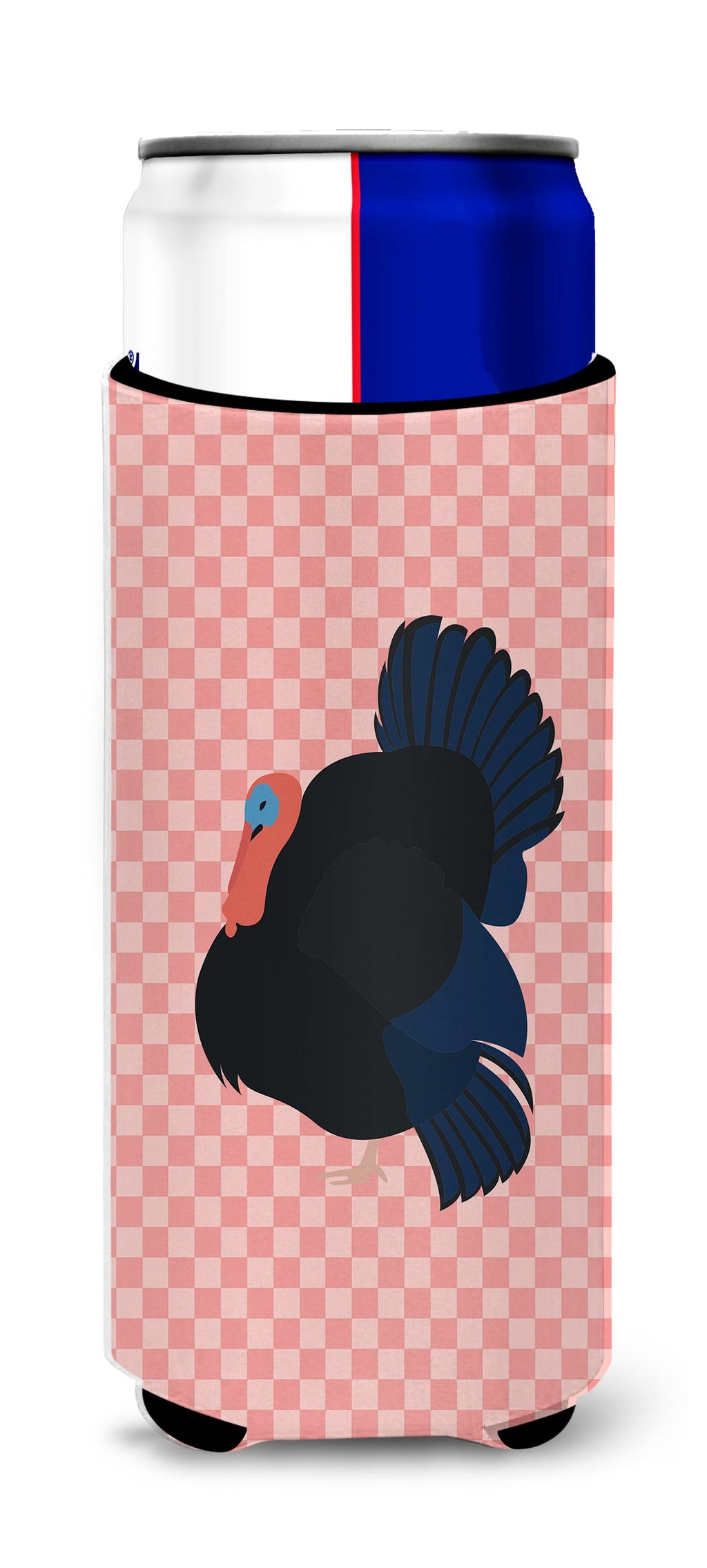 Norfolk Black Turkey Pink Check Slim Can Hugger , Insulated Foam Hugger for 12 oz Slim Cans, Beer Bottles & Water Bottles, Printed in USA