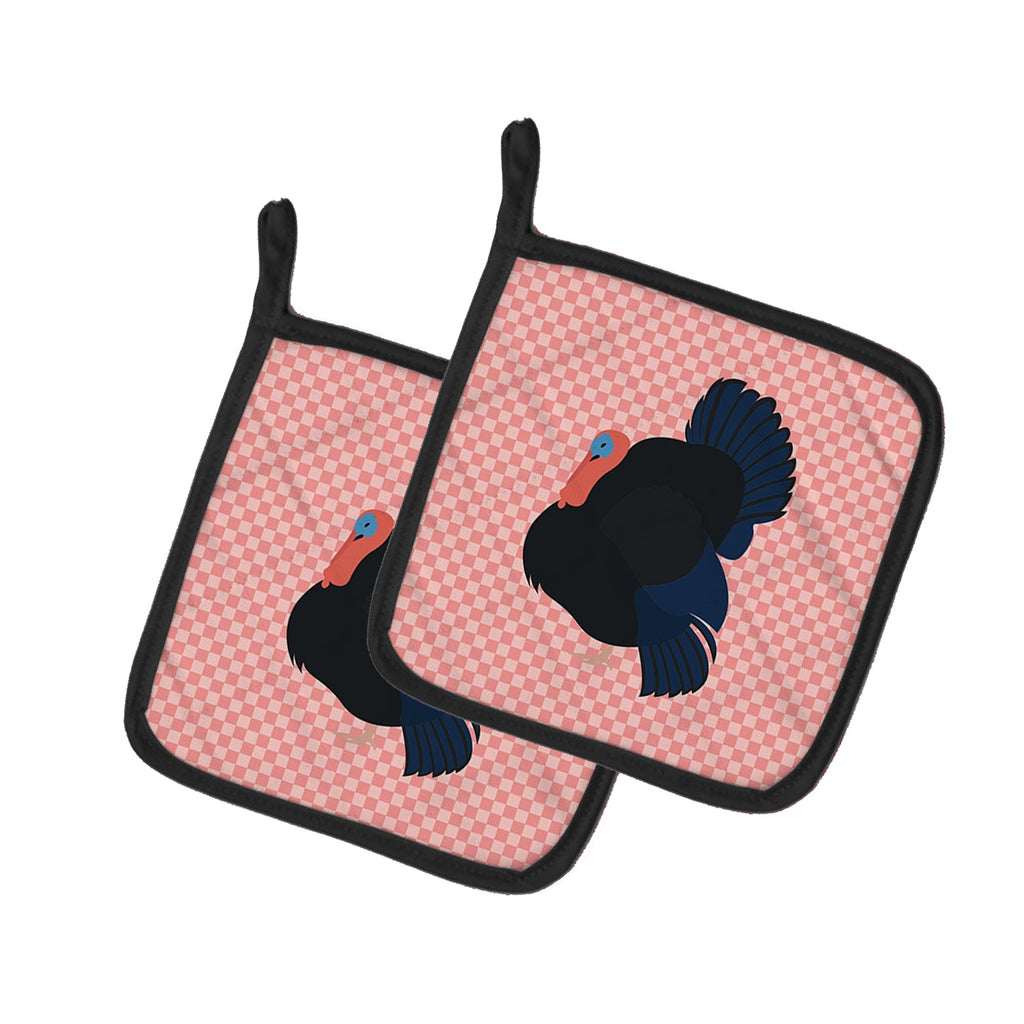 Norfolk Black Turkey Pink Check Pot Holder Set of 2 Heat Resistant Quilted Hot Pads 7.5 x 7.5 Inch, Insulated Kitchen Trivets for Cooking & Baking