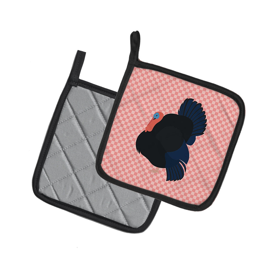 Norfolk Black Turkey Pink Check Pot Holder Set of 2 Heat Resistant Quilted Hot Pads 7.5 x 7.5 Inch, Insulated Kitchen Trivets for Cooking & Baking