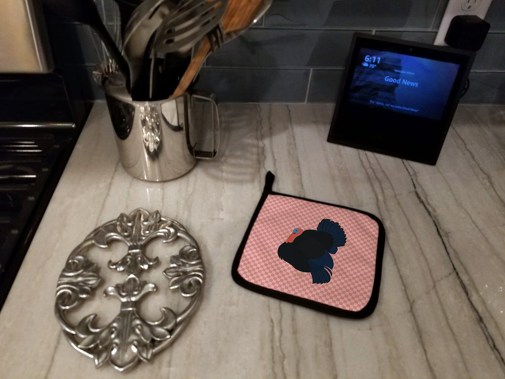 Norfolk Black Turkey Pink Check Pot Holder Set of 2 Heat Resistant Quilted Hot Pads 7.5 x 7.5 Inch, Insulated Kitchen Trivets for Cooking & Baking
