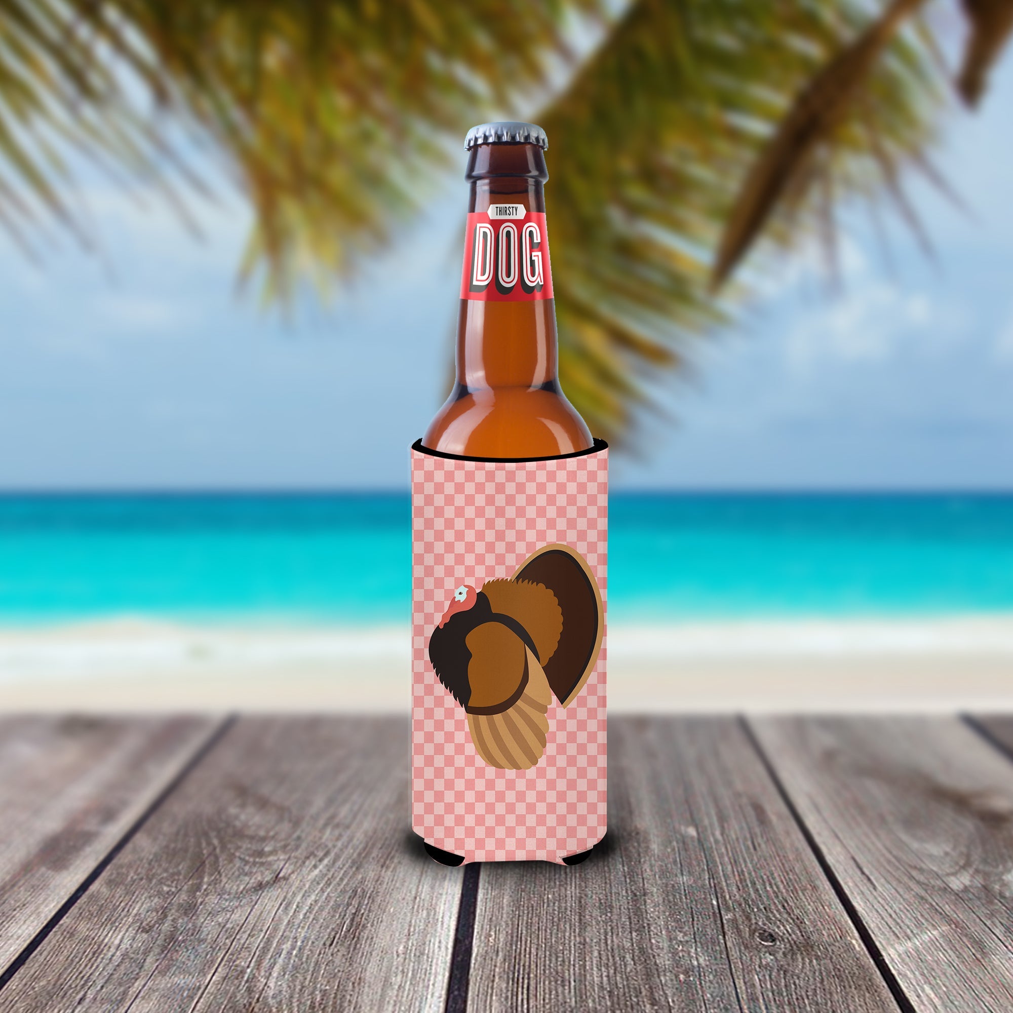 Bronze Turkey Pink Check Slim Can Hugger , Insulated Foam Hugger for 12 oz Slim Cans, Beer Bottles & Water Bottles, Printed in USA