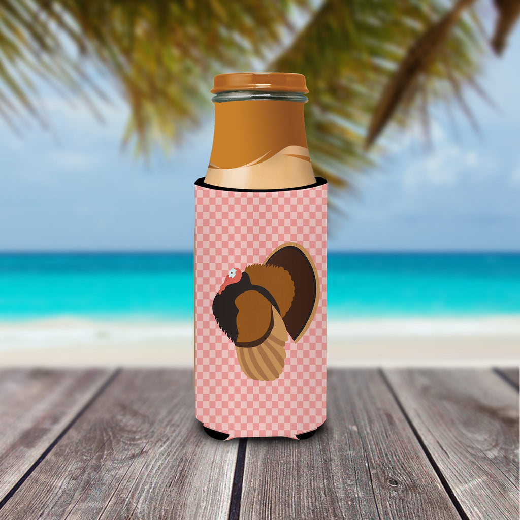 Bronze Turkey Pink Check Slim Can Hugger , Insulated Foam Hugger for 12 oz Slim Cans, Beer Bottles & Water Bottles, Printed in USA