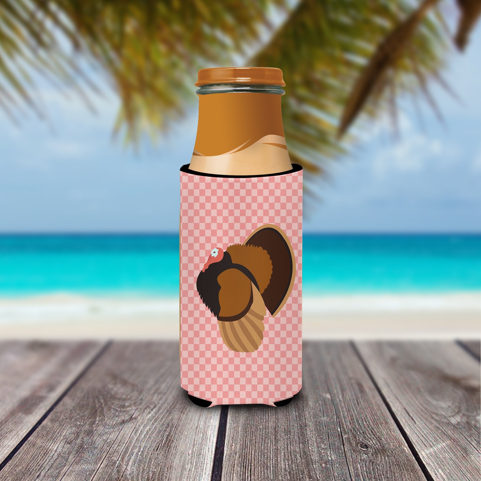 Bronze Turkey Pink Check Slim Can Hugger , Insulated Foam Hugger for 12 oz Slim Cans, Beer Bottles & Water Bottles, Printed in USA