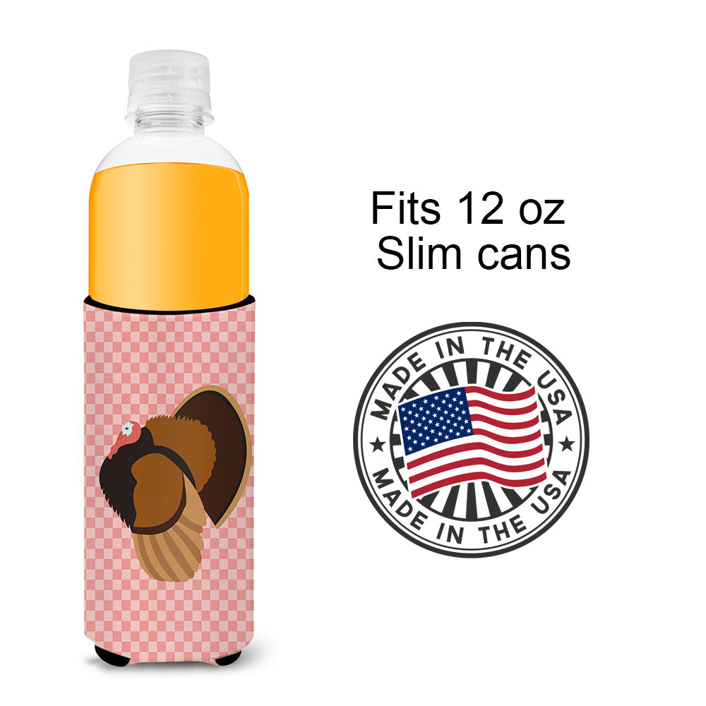 Bronze Turkey Pink Check Slim Can Hugger , Insulated Foam Hugger for 12 oz Slim Cans, Beer Bottles & Water Bottles, Printed in USA