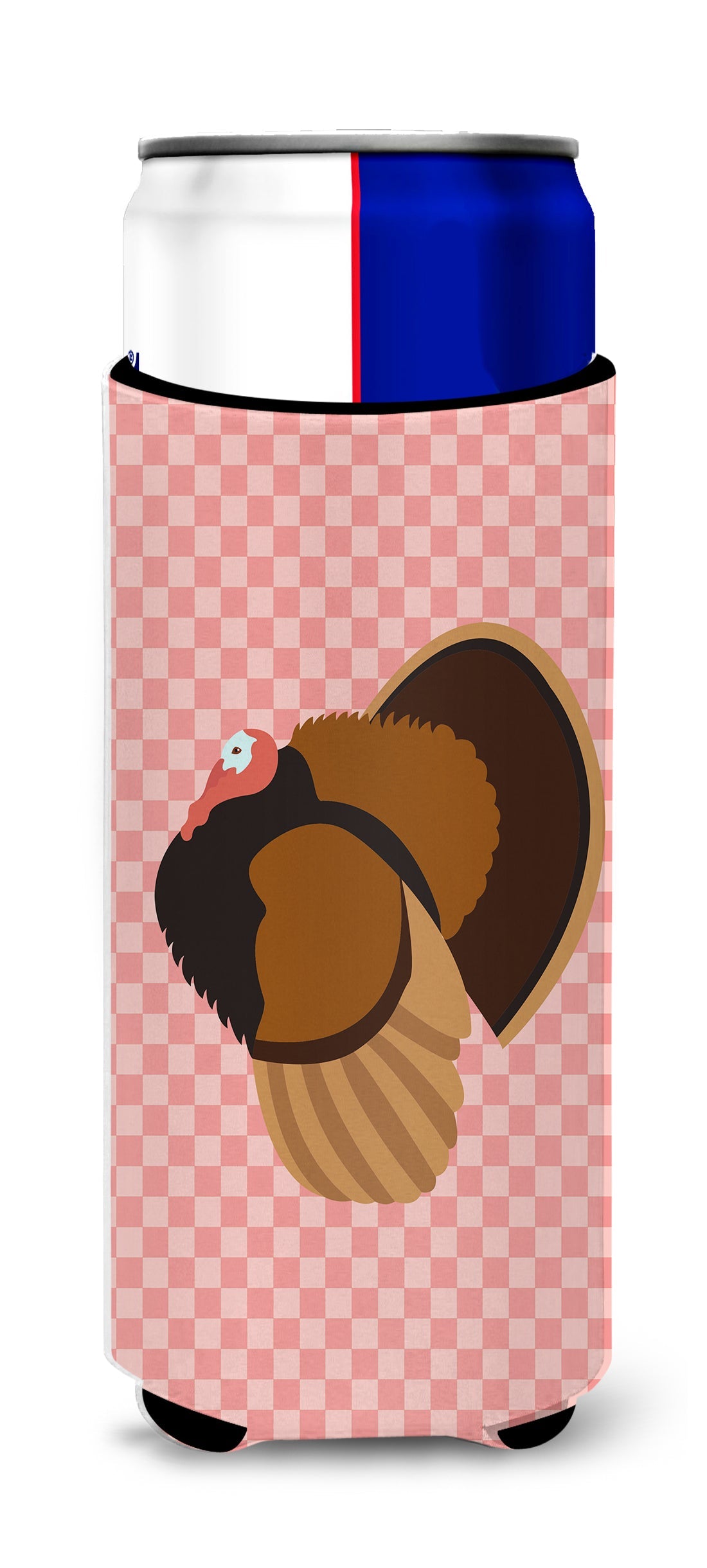 Bronze Turkey Pink Check Slim Can Hugger , Insulated Foam Hugger for 12 oz Slim Cans, Beer Bottles & Water Bottles, Printed in USA