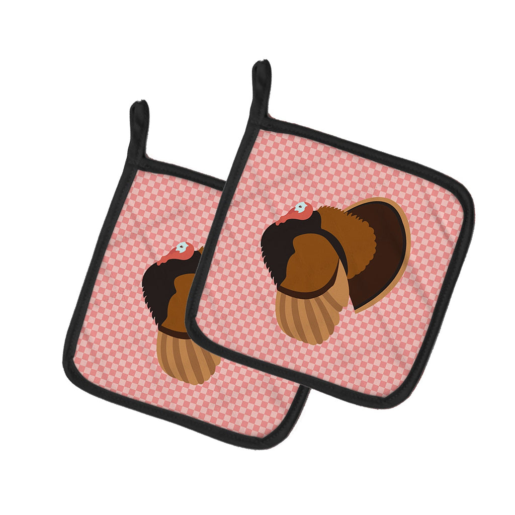 Bronze Turkey Pink Check Pot Holder Set of 2 Heat Resistant Quilted Hot Pads 7.5 x 7.5 Inch, Insulated Kitchen Trivets for Cooking & Baking