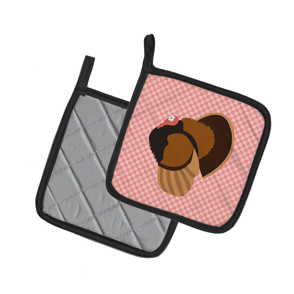 Bronze Turkey Pink Check Pot Holder Set of 2 Heat Resistant Quilted Hot Pads 7.5 x 7.5 Inch, Insulated Kitchen Trivets for Cooking & Baking