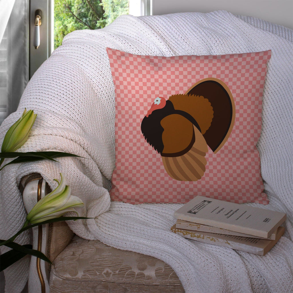 Bronze Turkey Pink Check Decorative Throw Pillow 14x14 Indoor Outdoor Accent Cushion, Fabric Cover with Insert for Sofa, Bed, Porch & Living Room