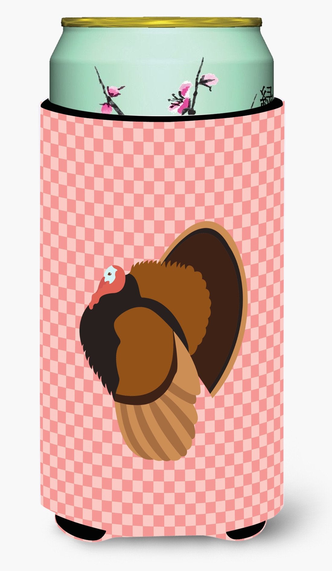 Bronze Turkey Pink Check Tall Boy Hugger Can Cooler Sleeve Machine Washable Drink Collapsible Insulator Beverage Insulated Holder