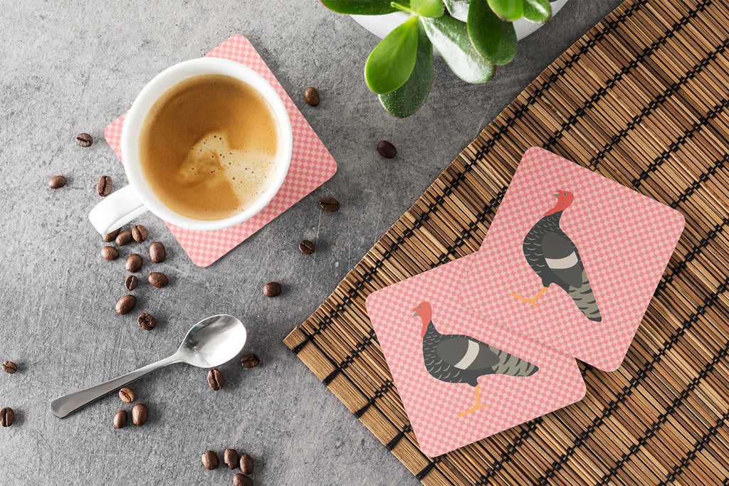 Marragansett Turkey Pink Check Foam Coasters Set of 4 Cup Coasters for Indoor Outdoor, Tabletop Protection, Anti Slip, Mouse pad Material