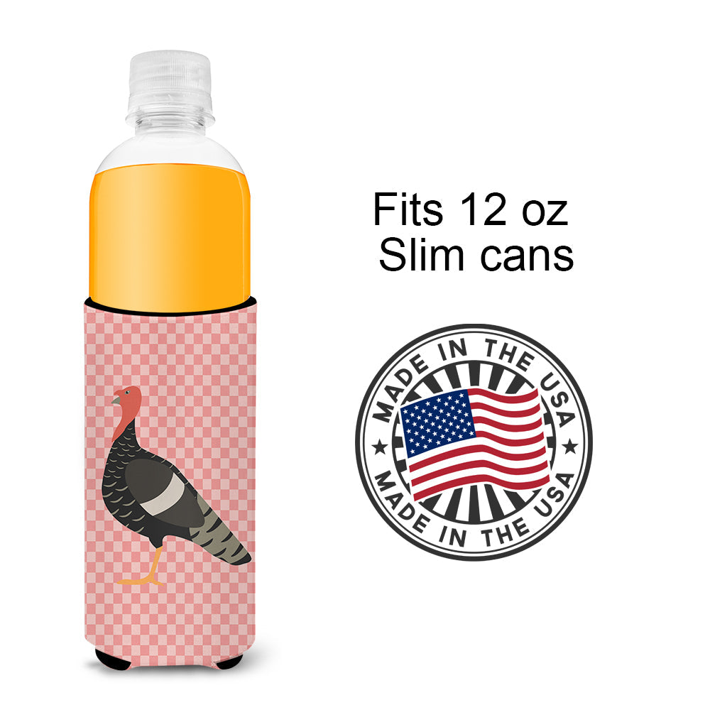 Marragansett Turkey Pink Check Slim Can Hugger , Insulated Foam Hugger for 12 oz Slim Cans, Beer Bottles & Water Bottles, Printed in USA