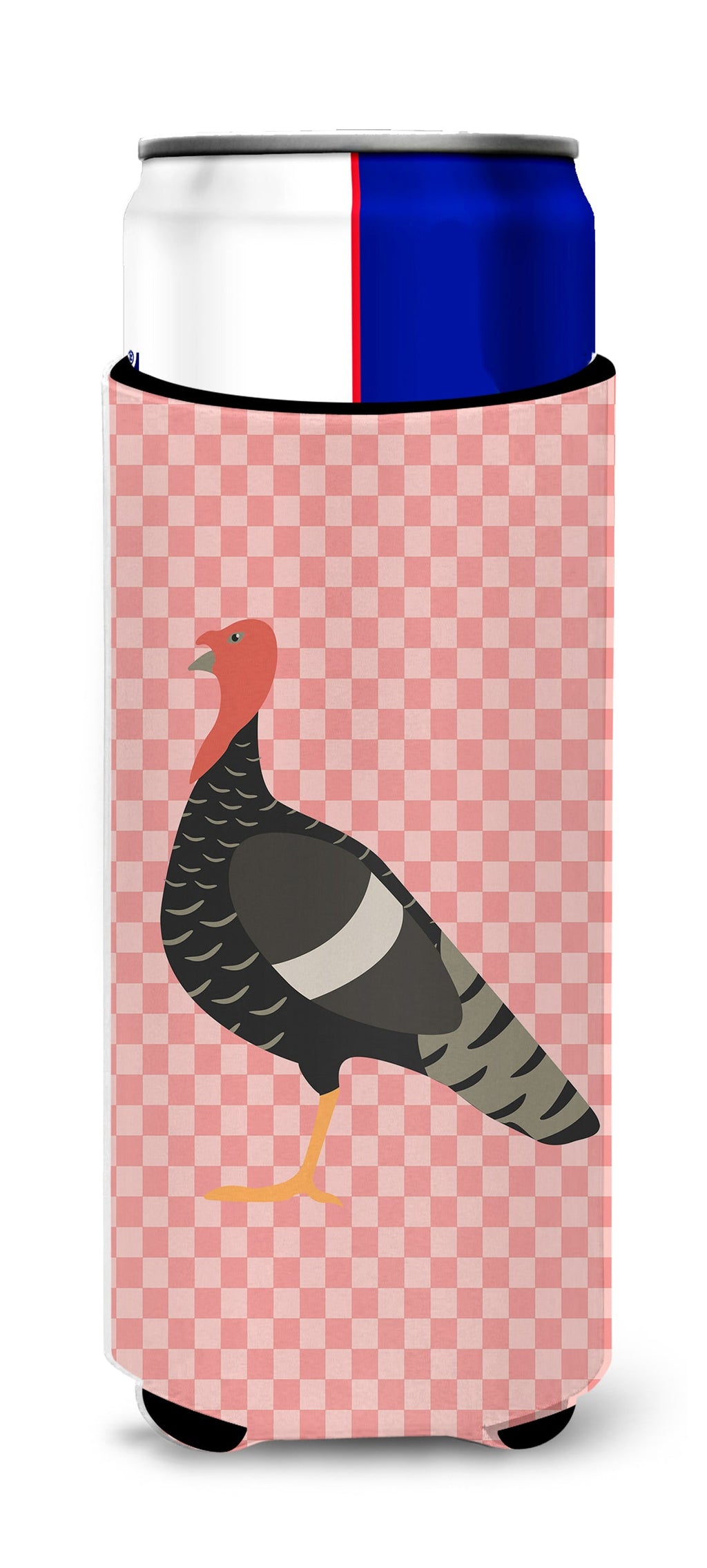 Marragansett Turkey Pink Check Slim Can Hugger , Insulated Foam Hugger for 12 oz Slim Cans, Beer Bottles & Water Bottles, Printed in USA
