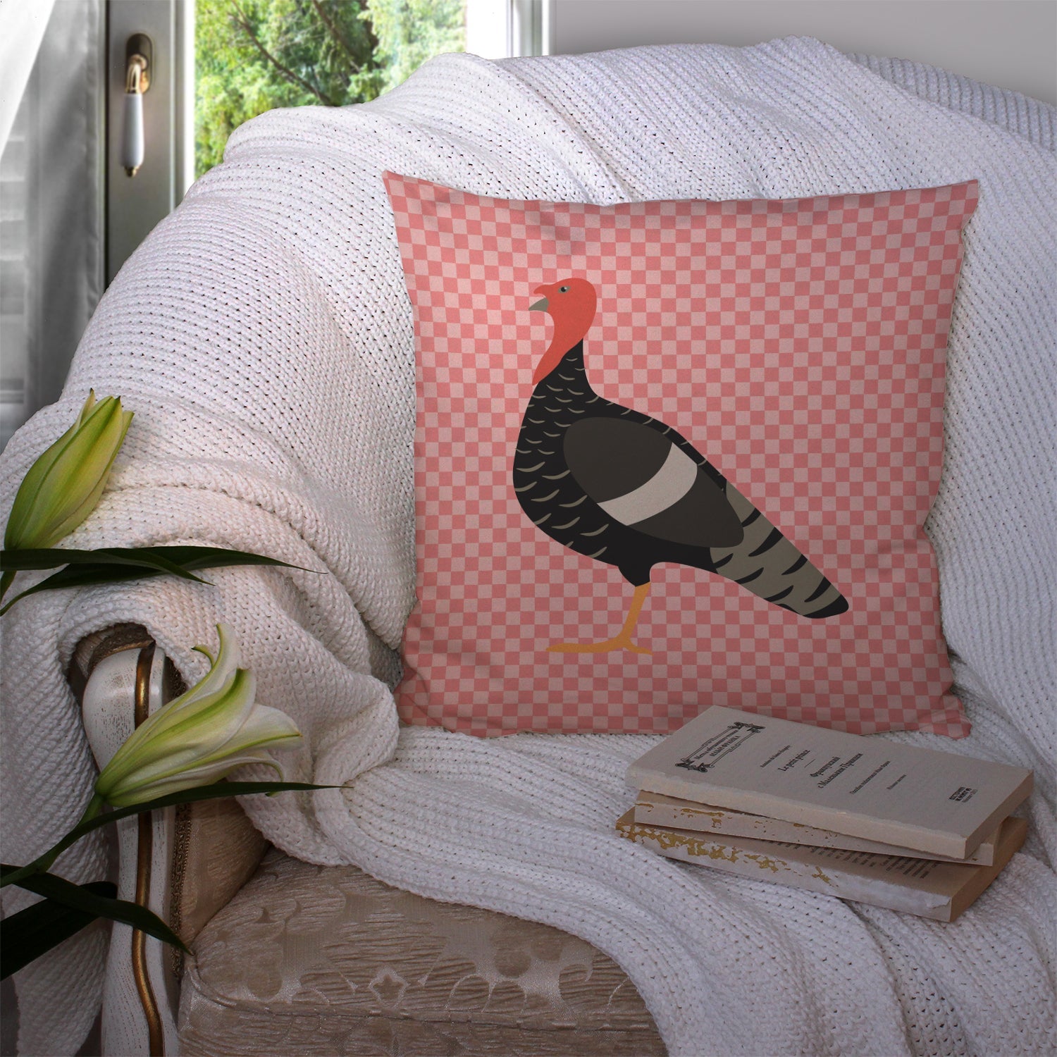 Marragansett Turkey Pink Check Decorative Throw Pillow 14x14 Indoor Outdoor Accent Cushion, Fabric Cover with Insert for Sofa, Bed, Porch & Living Room