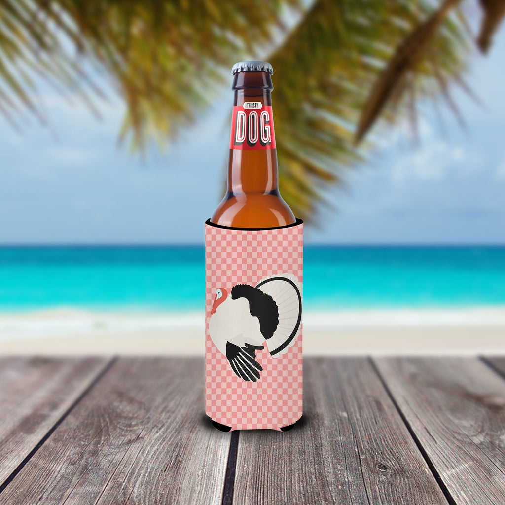 Royal Palm Turkey Pink Check Slim Can Hugger , Insulated Foam Hugger for 12 oz Slim Cans, Beer Bottles & Water Bottles, Printed in USA