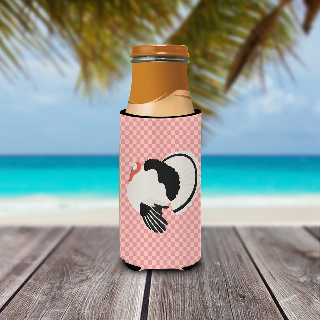 Royal Palm Turkey Pink Check Slim Can Hugger , Insulated Foam Hugger for 12 oz Slim Cans, Beer Bottles & Water Bottles, Printed in USA
