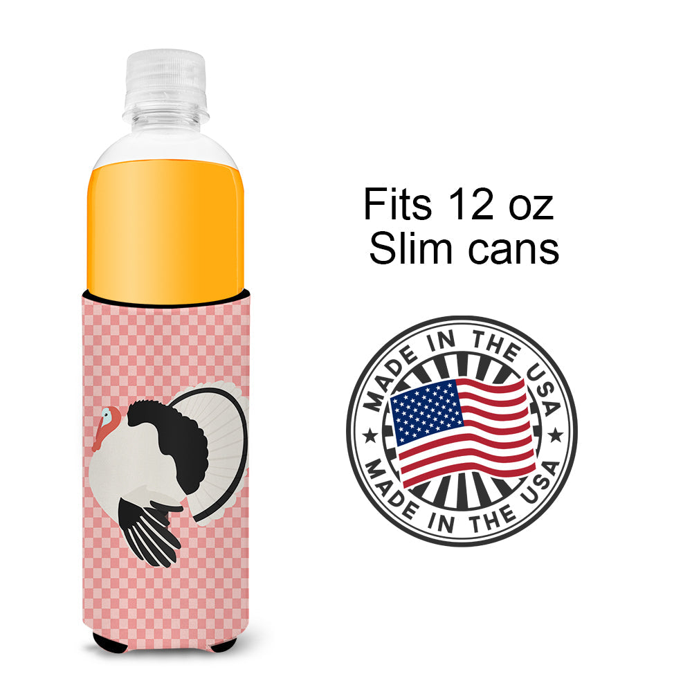 Royal Palm Turkey Pink Check Slim Can Hugger , Insulated Foam Hugger for 12 oz Slim Cans, Beer Bottles & Water Bottles, Printed in USA